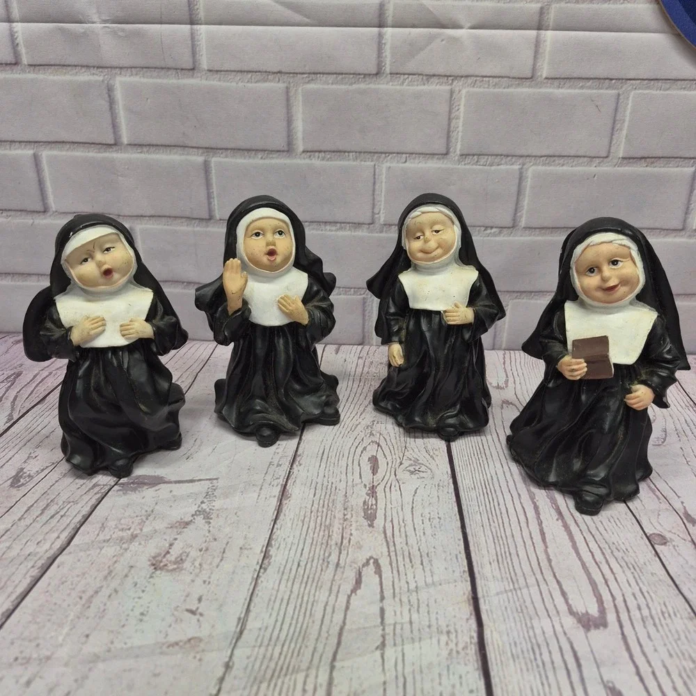 Vintage Set of 4 Singing Nun Figurines Black White Religious Sisters Decor 5in